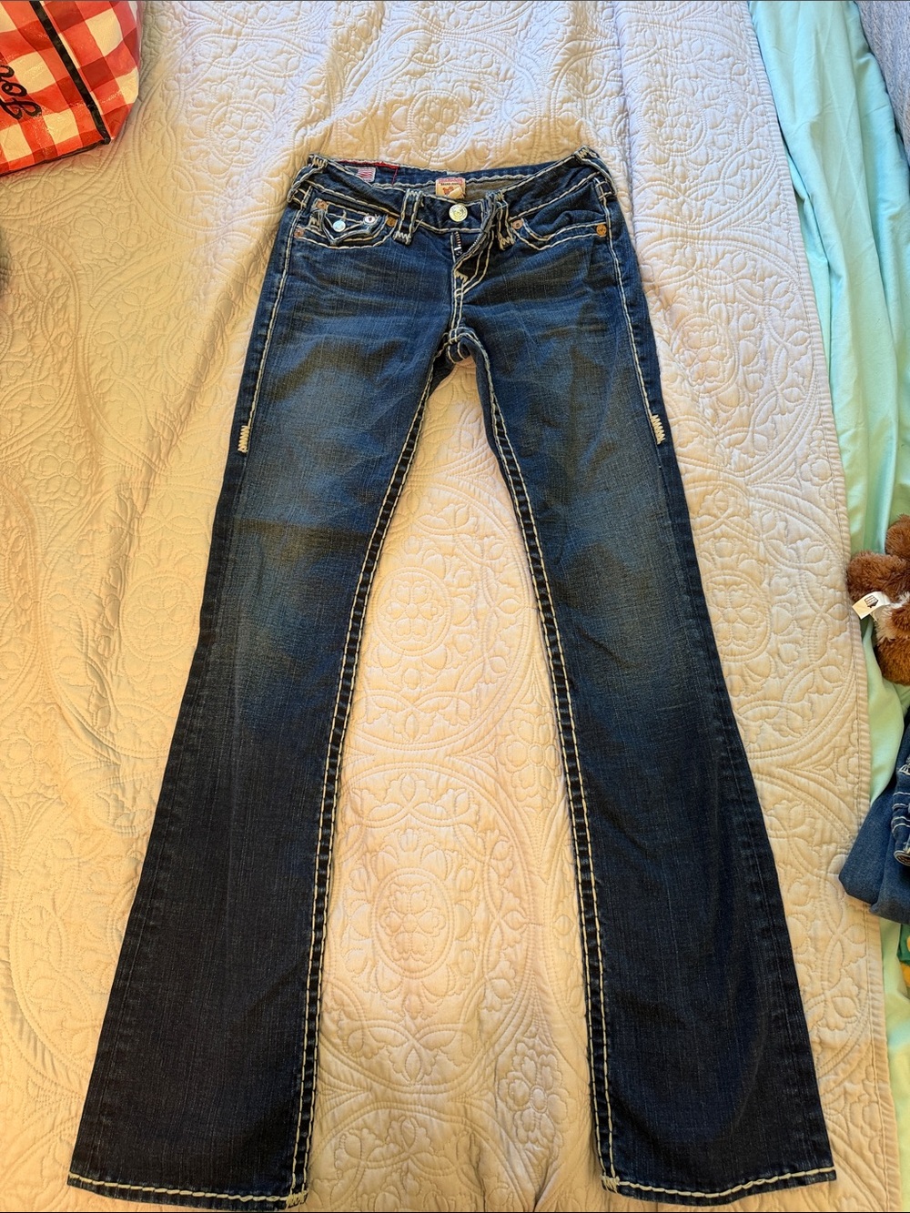 True Religion Dark Blue Flared Jeans with Contrast Stitching